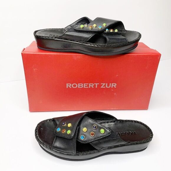NEW Robert Zur Criss Cross Platform Slides 5.5 Sandals Black Leather Soft $285 - Picture 2 of 8